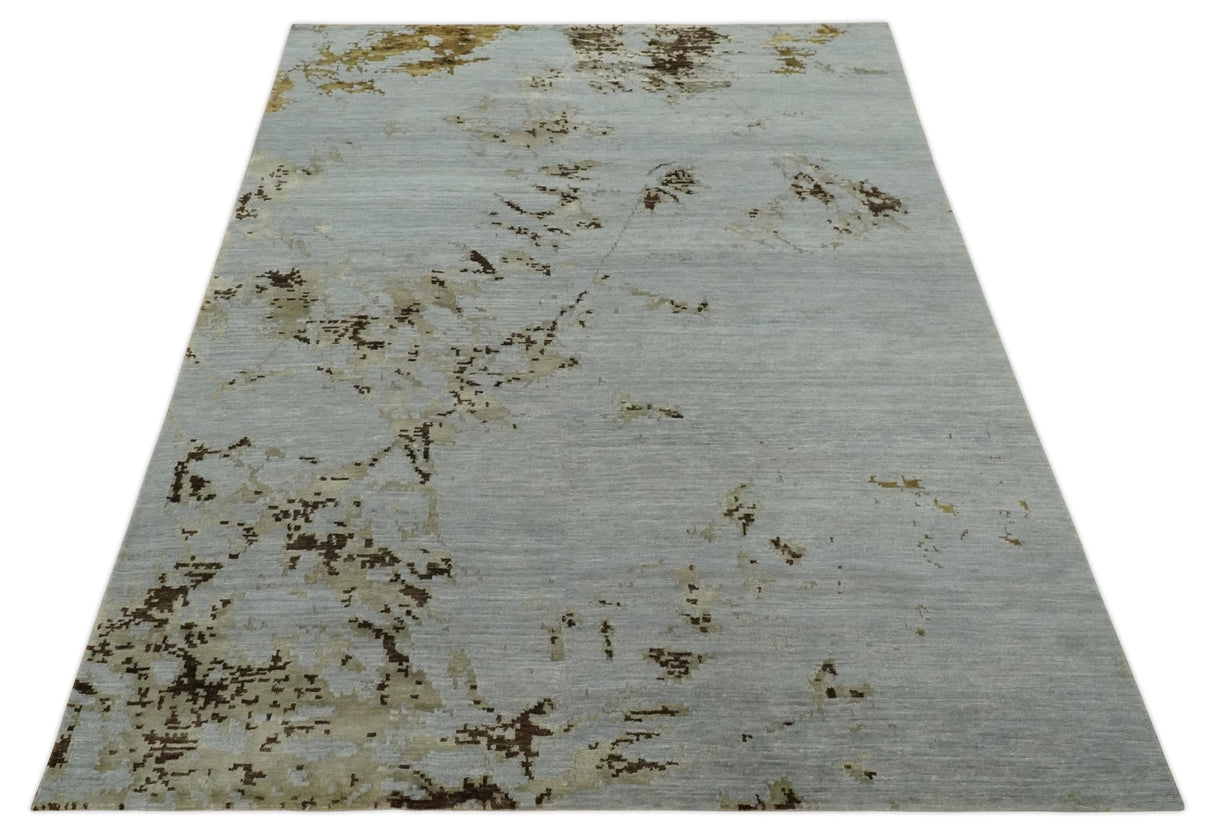 Grey, Charcoal, Olive and Ivory 6x9 Hand Knotted Abstract Wool and Viscose Area Rug