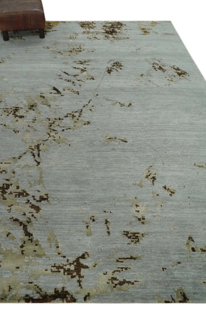Grey, Charcoal, Olive and Ivory 6x9 Hand Knotted Abstract Wool and Viscose Area Rug
