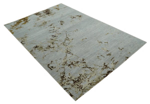 Grey, Charcoal, Olive and Ivory 6x9 Hand Knotted Abstract Wool and Viscose Area Rug