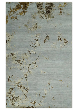 Grey, Charcoal, Olive and Ivory 6x9 Hand Knotted Abstract Wool and Viscose Area Rug