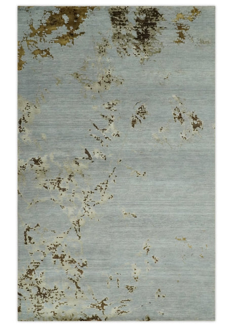 Grey, Charcoal, Olive and Ivory 6x9 Hand Knotted Abstract Wool and Viscose Area Rug