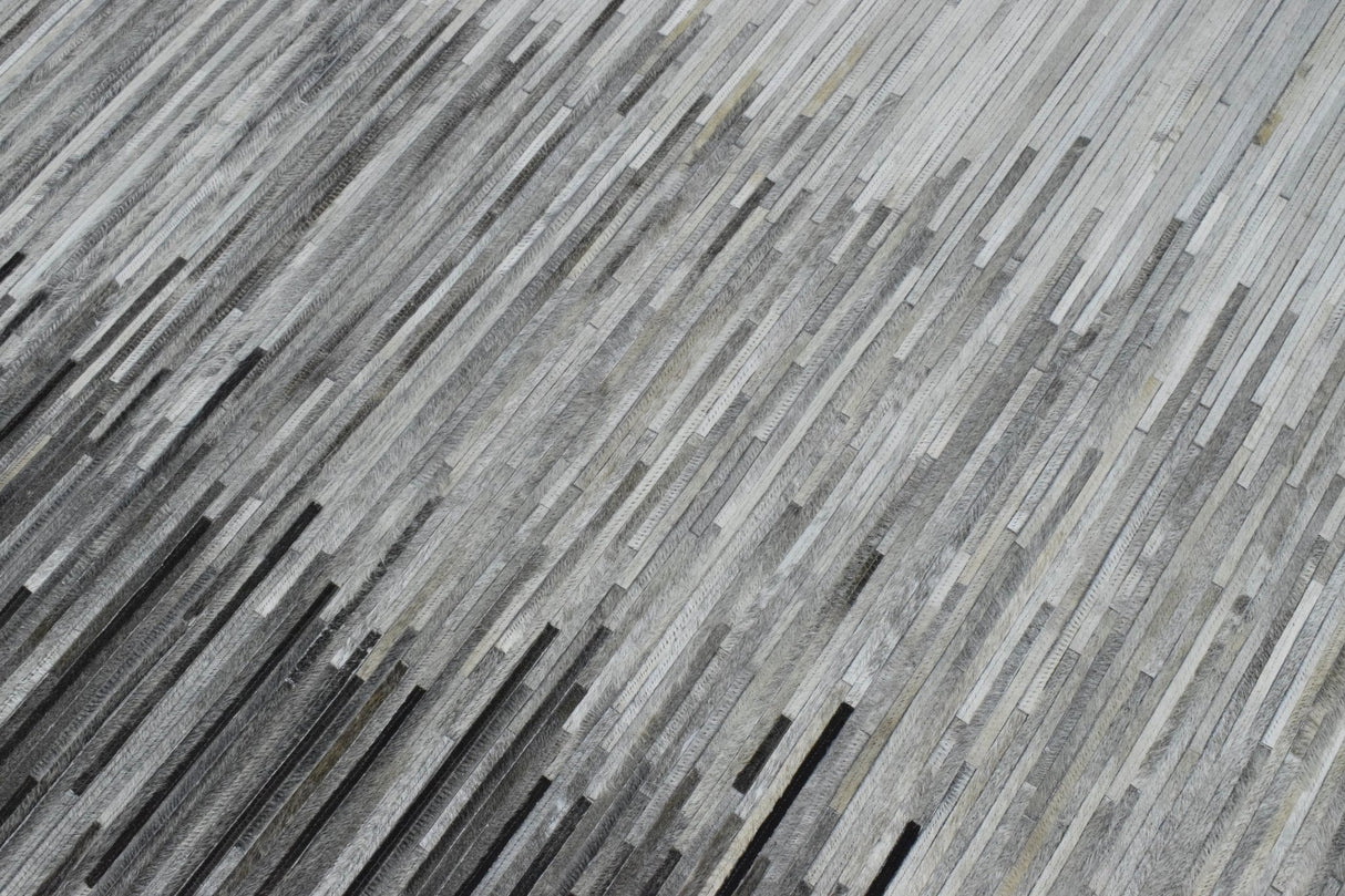 Hairon Leather Stripe Design Handmade Gray and Silver Area Rug, Hand Stitched Genuine Leather Rug | LR5