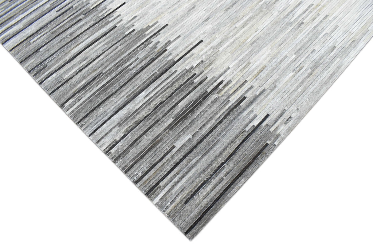 Hairon Leather Stripe Design Handmade Gray and Silver Area Rug, Hand Stitched Genuine Leather Rug | LR5