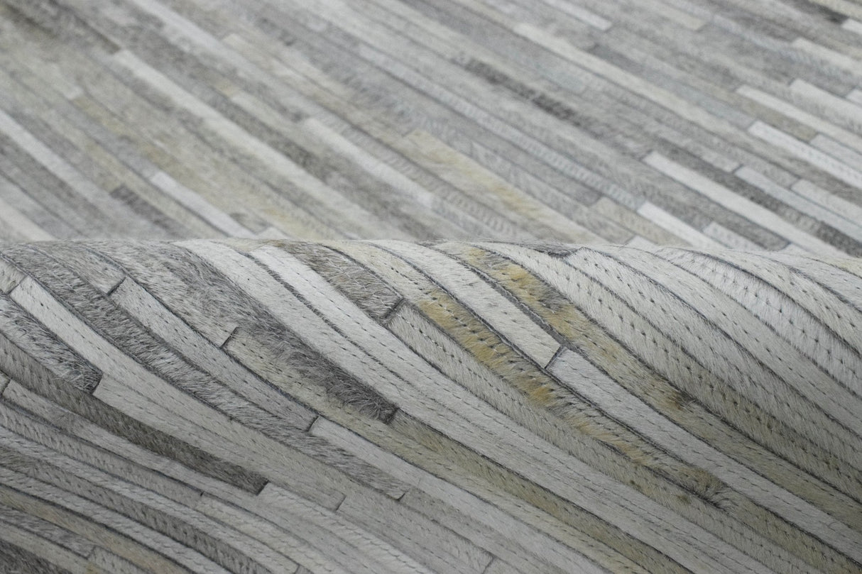 Hairon Leather Stripe Design Handmade Gray and Silver Area Rug, Hand Stitched Genuine Leather Rug | LR5
