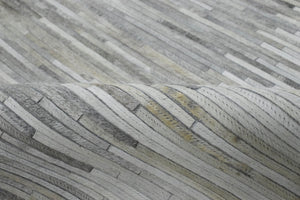 Hairon Leather Stripe Design Handmade Gray and Silver Area Rug, Hand Stitched Genuine Leather Rug | LR5