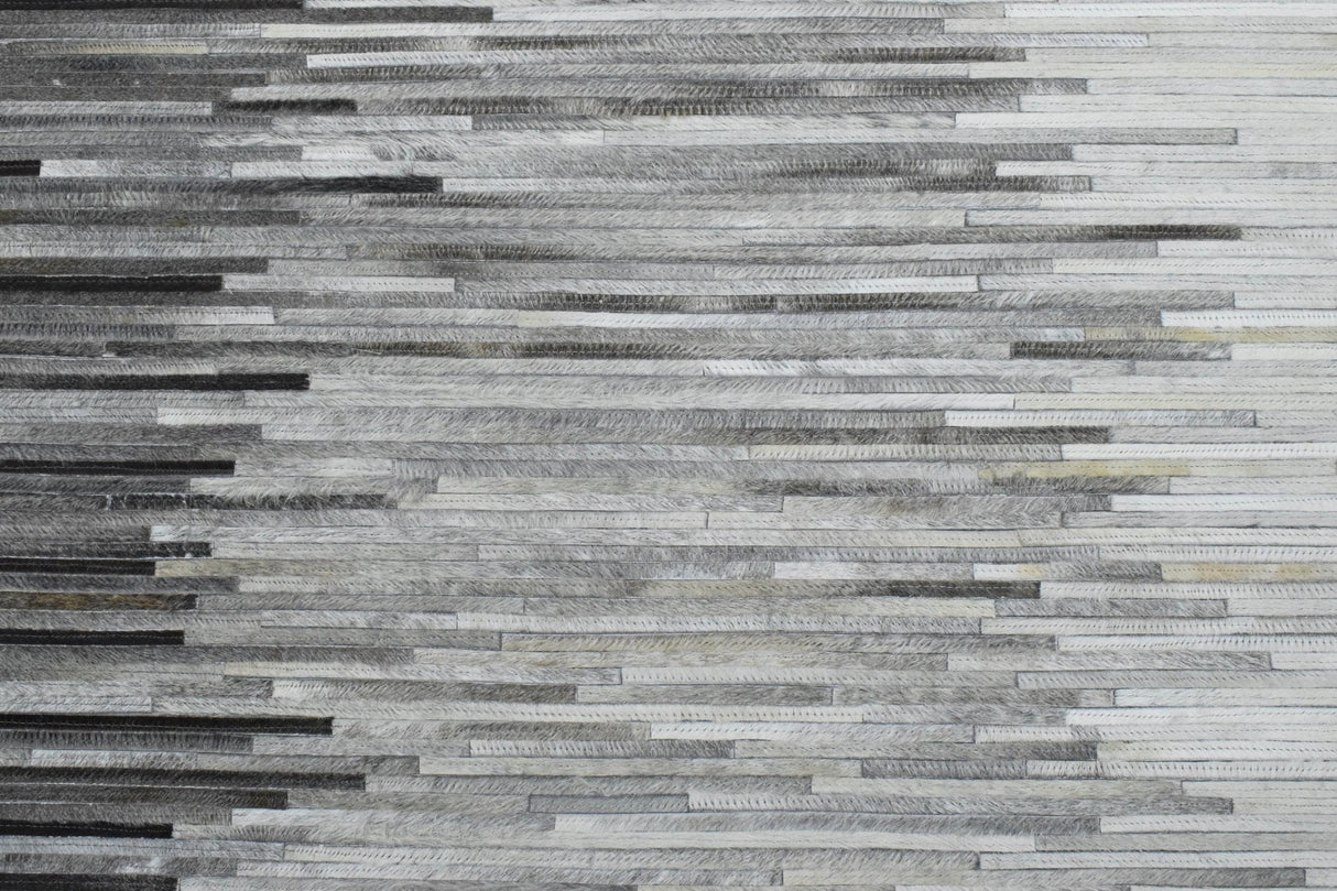 Hairon Leather Stripe Design Handmade Gray and Silver Area Rug, Hand Stitched Genuine Leather Rug | LR5