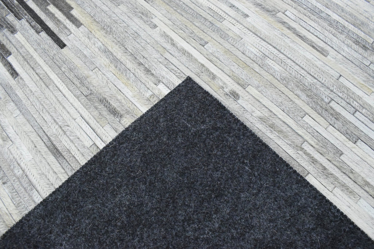 Hairon Leather Stripe Design Handmade Gray and Silver Area Rug, Hand Stitched Genuine Leather Rug | LR5