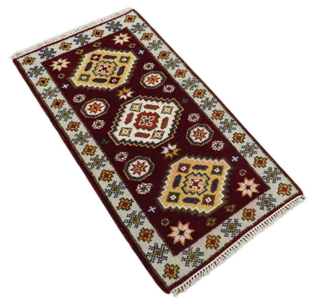 Hallway 2x4 Red and Beige Wool Hand Knotted traditional Persian Vintage Antique Southwestern Kazak | TRDCP29624