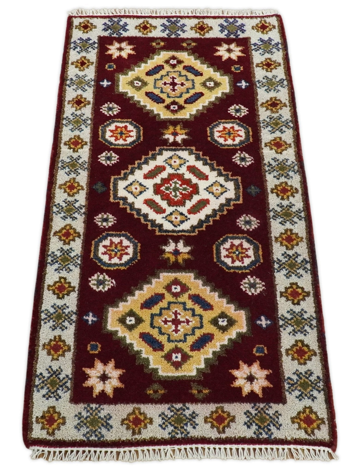 Hallway 2x4 Red and Beige Wool Hand Knotted traditional Persian Vintage Antique Southwestern Kazak | TRDCP29624