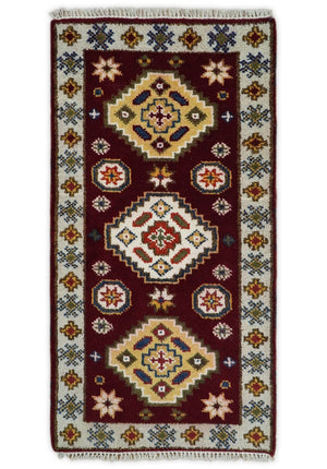 Hallway 2x4 Red and Beige Wool Hand Knotted traditional Persian Vintage Antique Southwestern Kazak | TRDCP29624