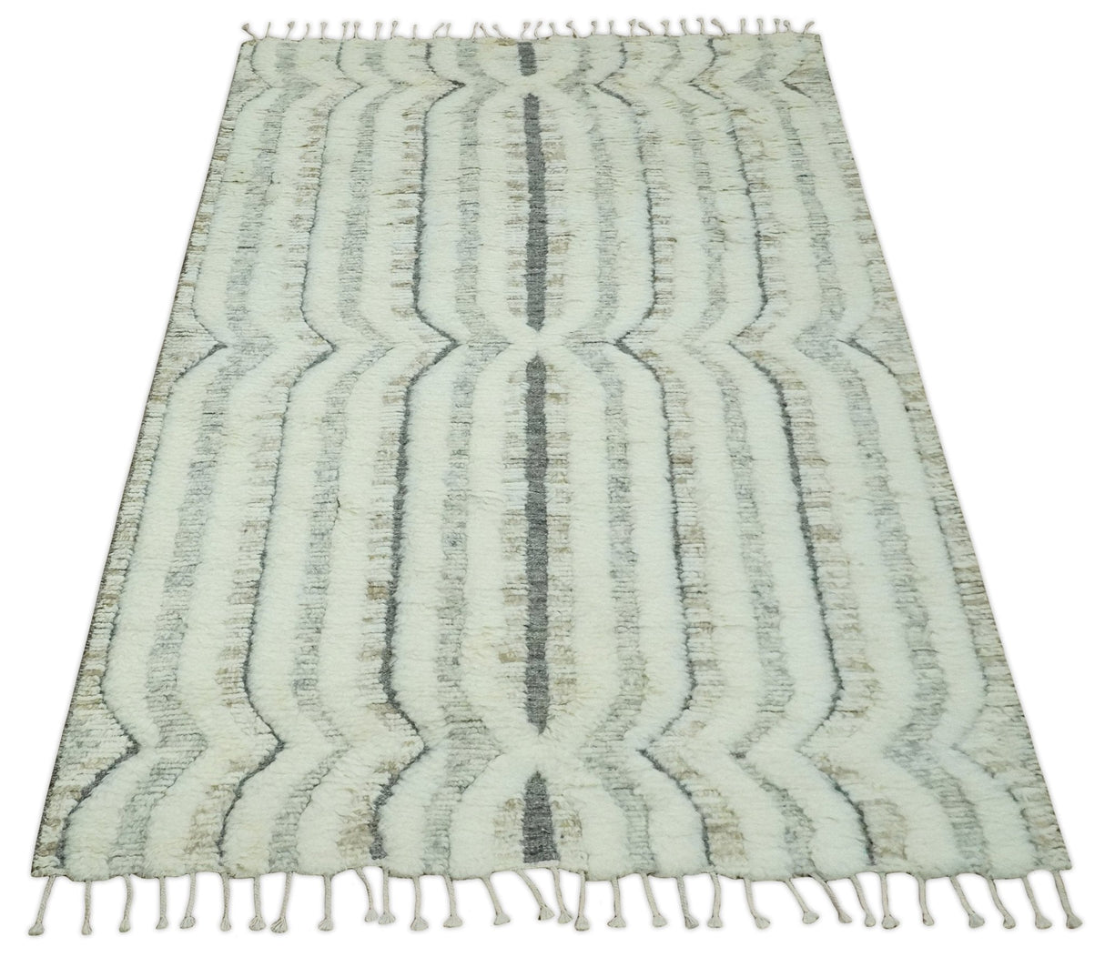 Hand Carved Texture Ivory, Gray, Charcoal and Beige Moroccan Style Modern Stripes Design 5x8 wool Area Rug