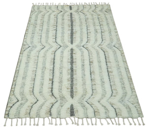 Hand Carved Texture Ivory, Gray, Charcoal and Beige Moroccan Style Modern Stripes Design 5x8 wool Area Rug