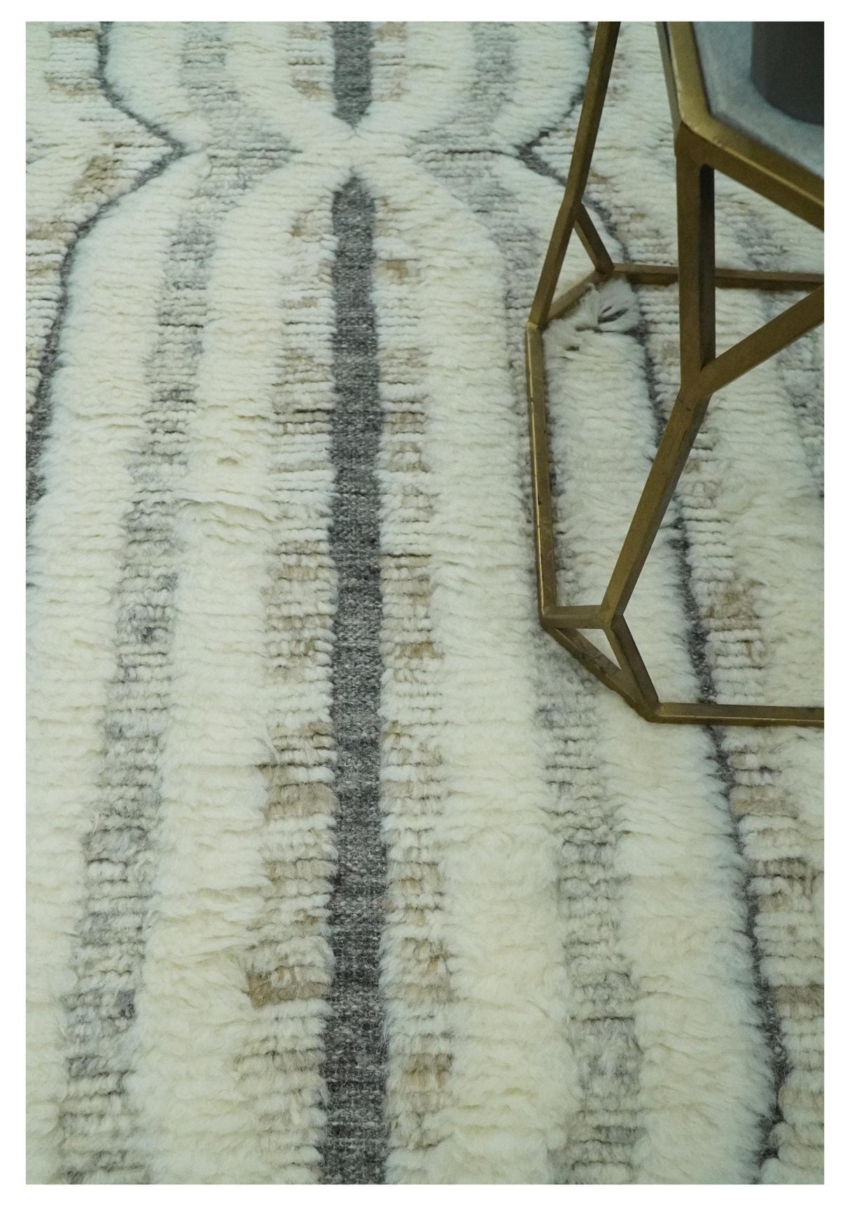 Hand Carved Texture Ivory, Gray, Charcoal and Beige Moroccan Style Modern Stripes Design 5x8 wool Area Rug