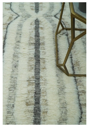 Hand Carved Texture Ivory, Gray, Charcoal and Beige Moroccan Style Modern Stripes Design 5x8 wool Area Rug