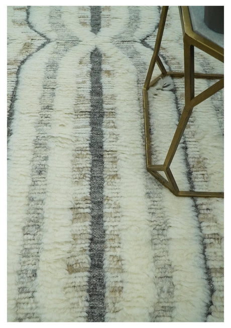 Hand Carved Texture Ivory, Gray, Charcoal and Beige Moroccan Style Modern Stripes Design 5x8 wool Area Rug