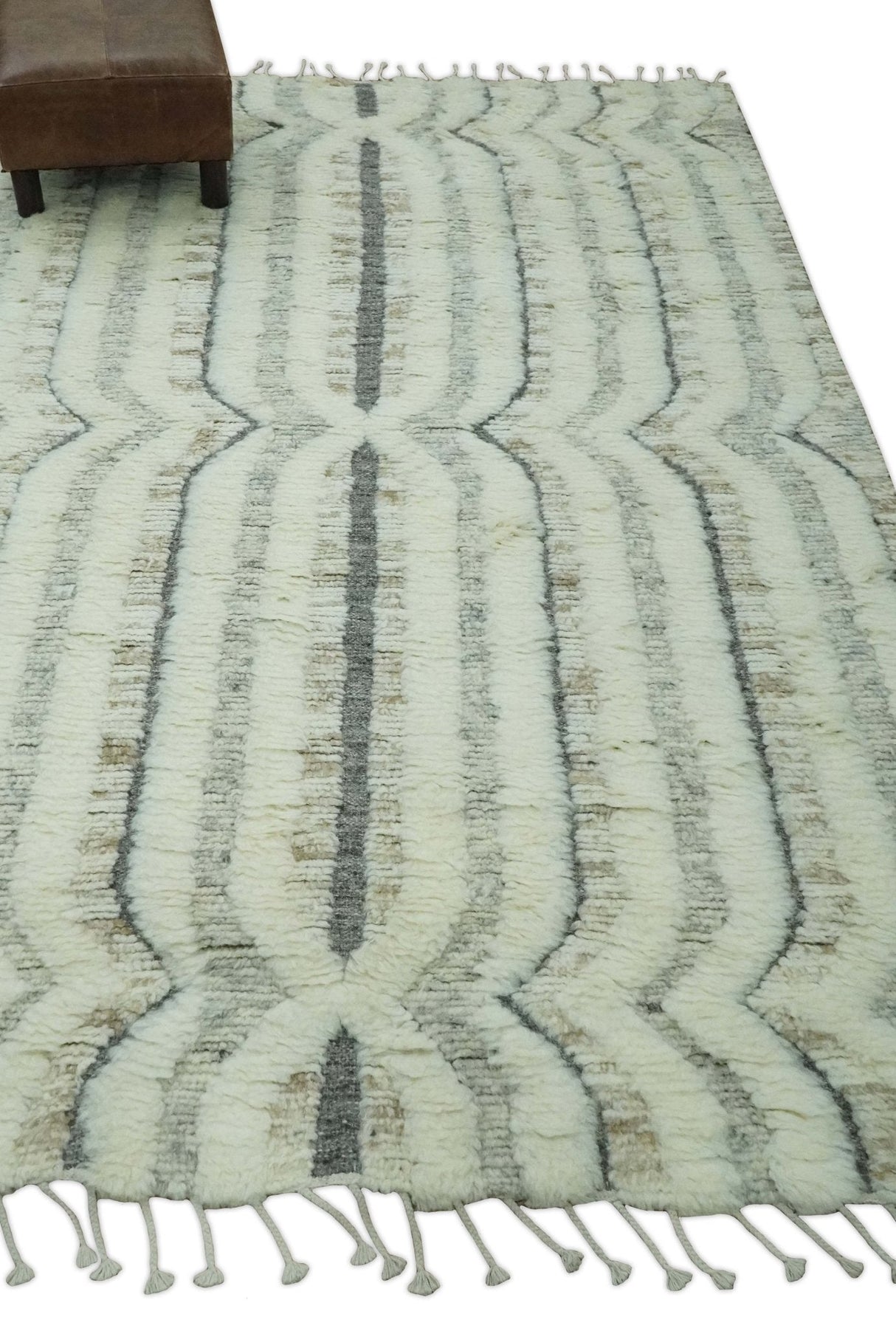 Hand Carved Texture Ivory, Gray, Charcoal and Beige Moroccan Style Modern Stripes Design 5x8 wool Area Rug