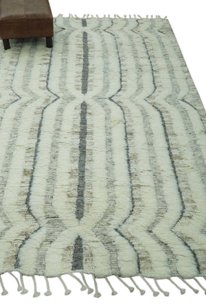 Hand Carved Texture Ivory, Gray, Charcoal and Beige Moroccan Style Modern Stripes Design 5x8 wool Area Rug