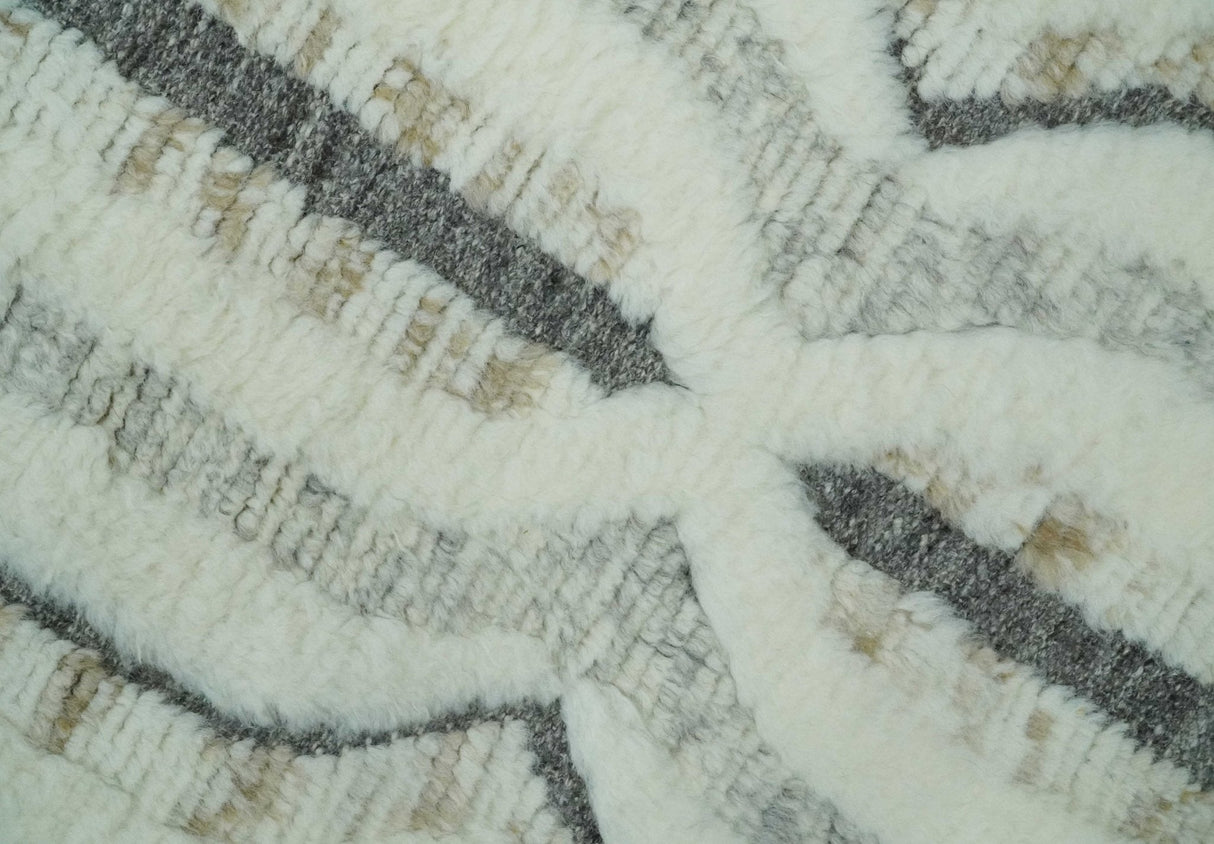 Hand Carved Texture Ivory, Gray, Charcoal and Beige Moroccan Style Modern Stripes Design 5x8 wool Area Rug