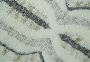 Hand Carved Texture Ivory, Gray, Charcoal and Beige Moroccan Style Modern Stripes Design 5x8 wool Area Rug