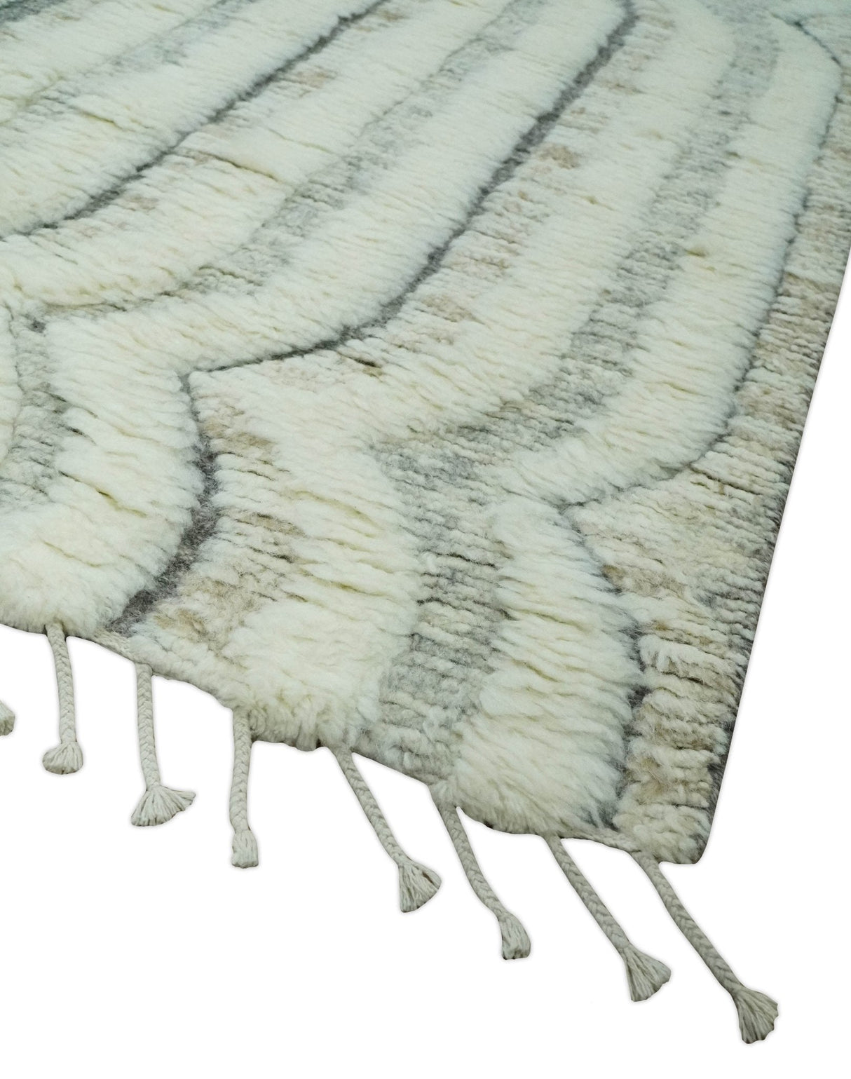 Hand Carved Texture Ivory, Gray, Charcoal and Beige Moroccan Style Modern Stripes Design 5x8 wool Area Rug