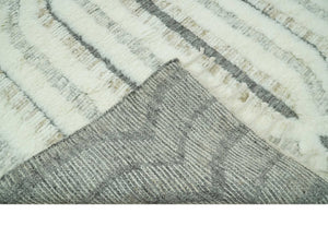 Hand Carved Texture Ivory, Gray, Charcoal and Beige Moroccan Style Modern Stripes Design 5x8 wool Area Rug