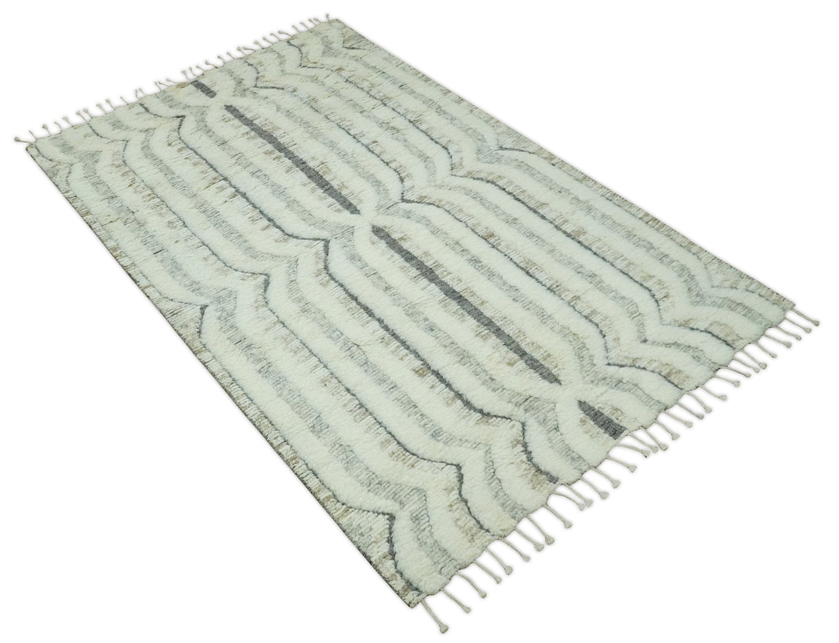 Hand Carved Texture Ivory, Gray, Charcoal and Beige Moroccan Style Modern Stripes Design 5x8 wool Area Rug