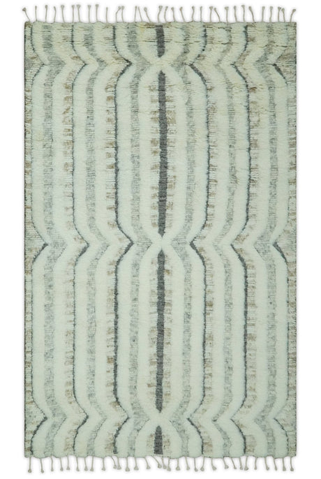 Hand Carved Texture Ivory, Gray, Charcoal and Beige Moroccan Style Modern Stripes Design 5x8 wool Area Rug
