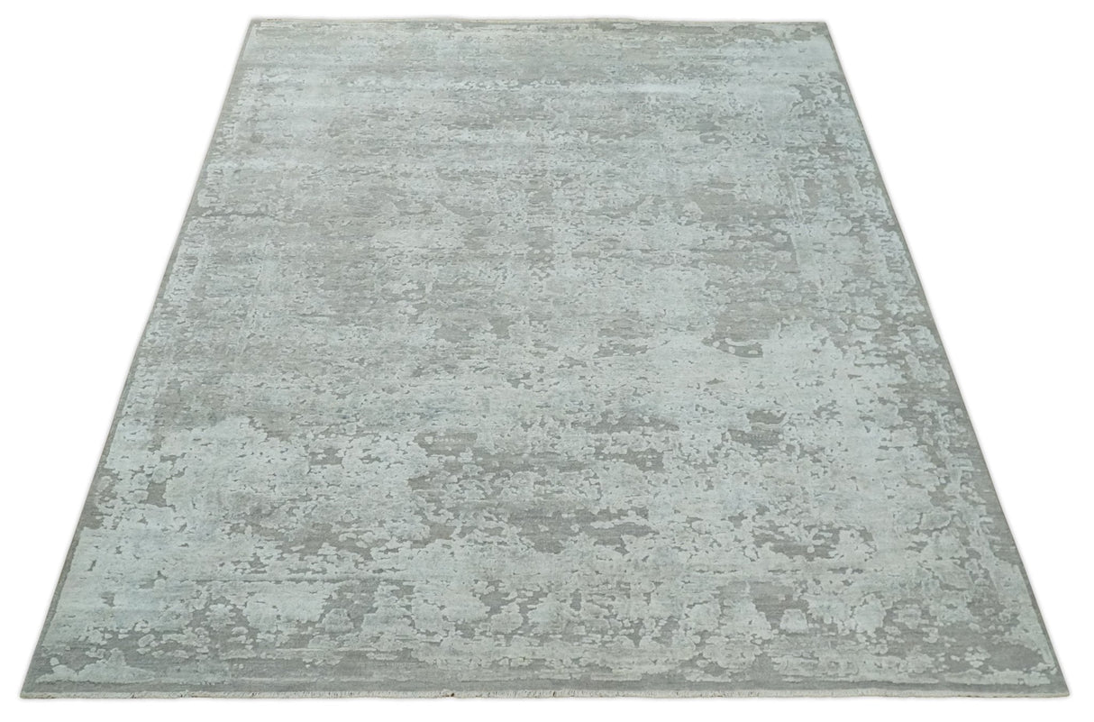 Hand Carved Texture Modern abstract Silver and Gray Hand Knotted 8x10 wool and Art Silk Area Rug