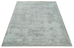 Hand Carved Texture Modern abstract Silver and Gray Hand Knotted 8x10 wool and Art Silk Area Rug
