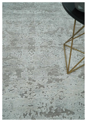 Hand Carved Texture Modern abstract Silver and Gray Hand Knotted 8x10 wool and Art Silk Area Rug