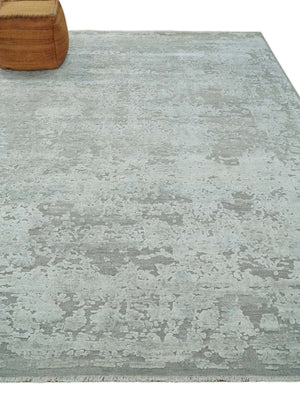 Hand Carved Texture Modern abstract Silver and Gray Hand Knotted 8x10 wool and Art Silk Area Rug