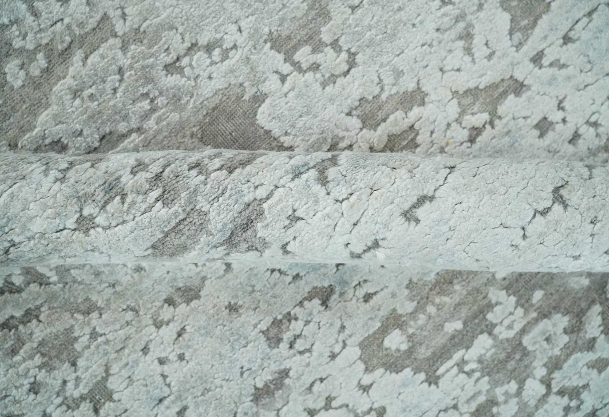 Hand Carved Texture Modern abstract Silver and Gray Hand Knotted 8x10 wool and Art Silk Area Rug
