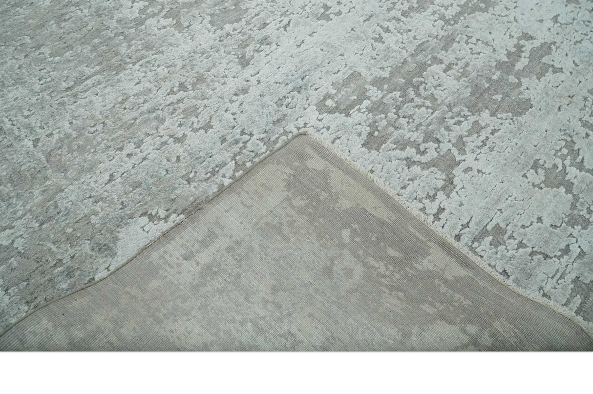 Hand Carved Texture Modern abstract Silver and Gray Hand Knotted 8x10 wool and Art Silk Area Rug