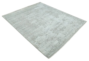 Hand Carved Texture Modern abstract Silver and Gray Hand Knotted 8x10 wool and Art Silk Area Rug