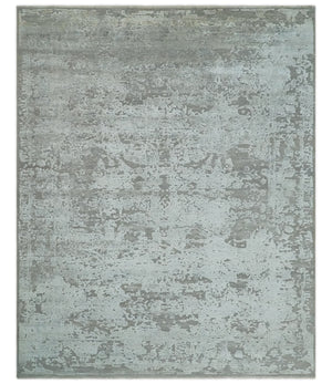 Hand Carved Texture Modern abstract Silver and Gray Hand Knotted 8x10 wool and Art Silk Area Rug