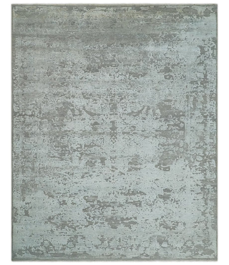 Hand Carved Texture Modern abstract Silver and Gray Hand Knotted 8x10 wool and Art Silk Area Rug
