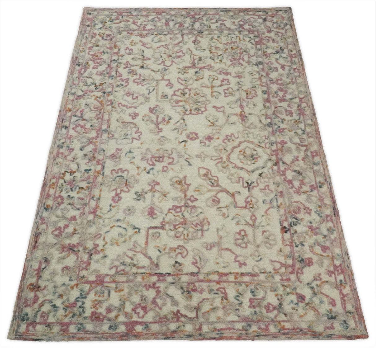 Hand Hooked 5x8 Pink and Beige Wool Textured Loop Area Rug | GAR12