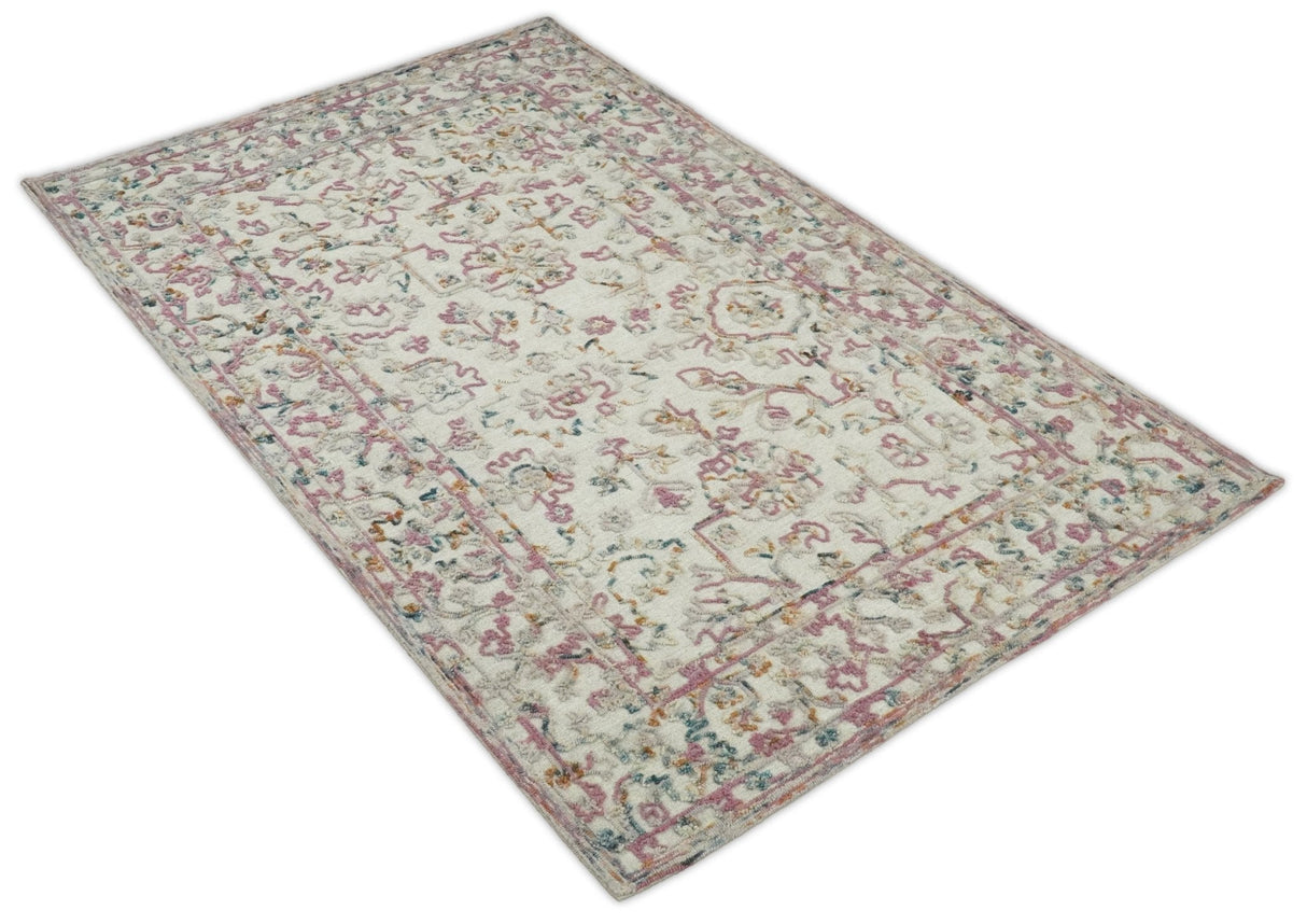 Hand Hooked 5x8 Pink and Beige Wool Textured Loop Area Rug | GAR12