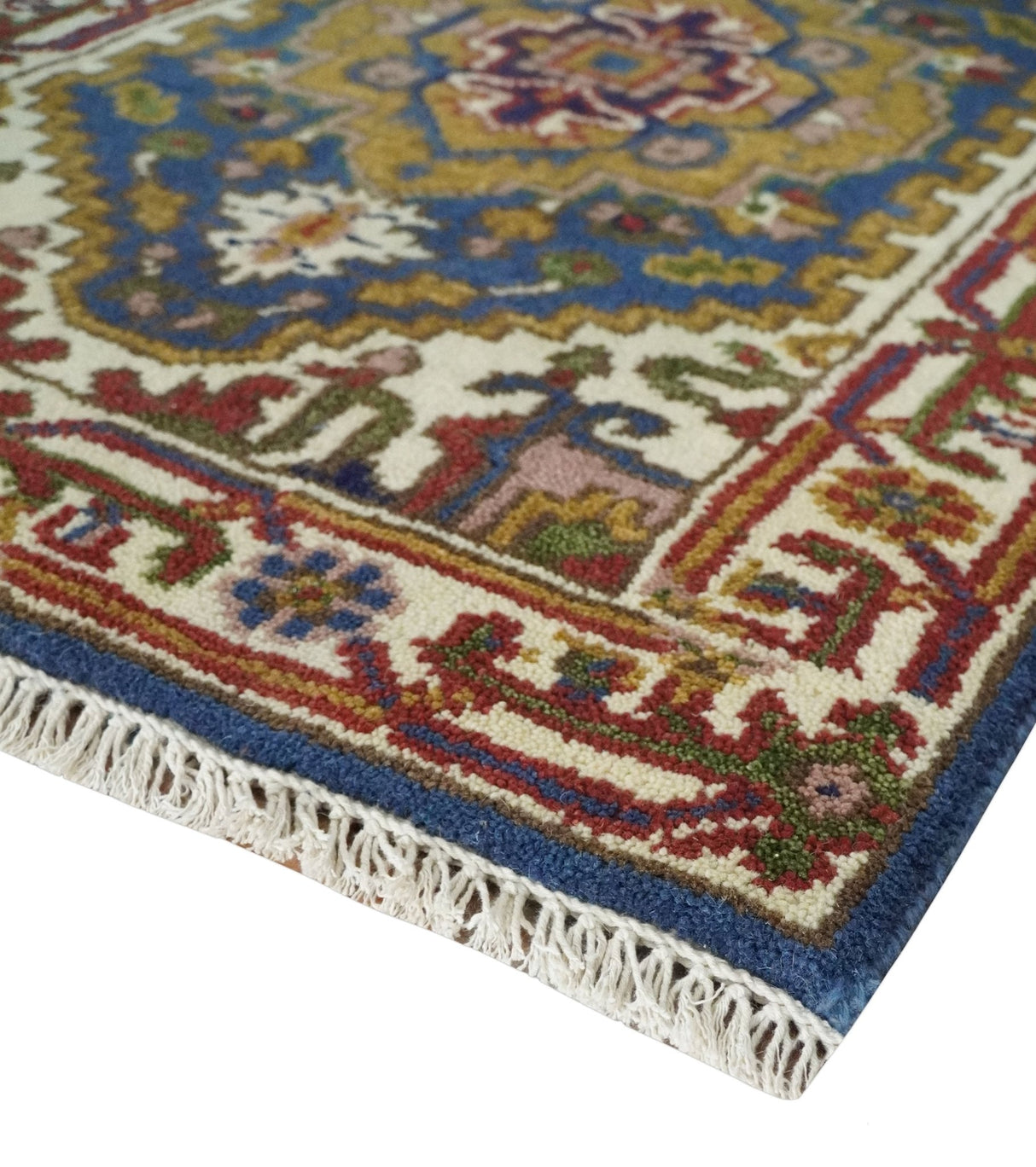 Hand Knotted 2.6x10 Blue, Ivory and Mustard Traditional Wool Area Rug