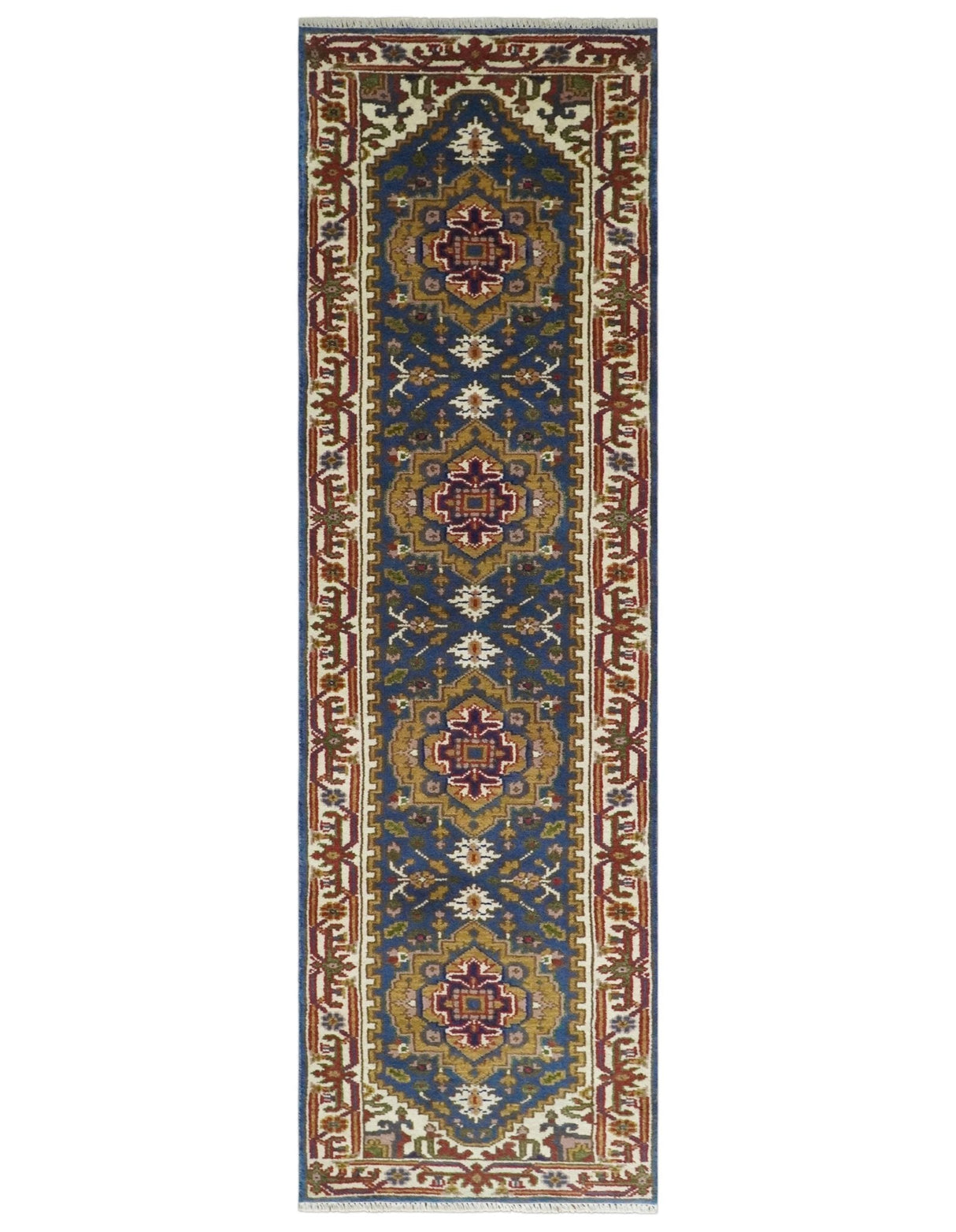 Hand Knotted 2.6x10 Blue, Ivory and Mustard Traditional Wool Area Rug