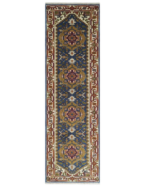 Hand Knotted 2.6x10 Blue, Ivory and Mustard Traditional Wool Area Rug