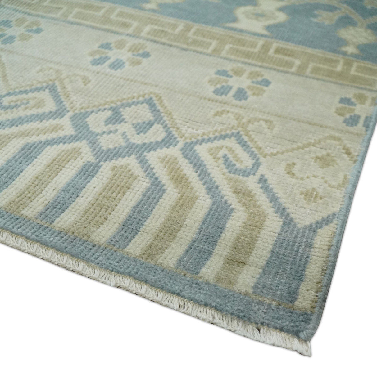 Hand Knotted 3x3 Gray, Ivory and Beige Traditional Low Pile Wool Rug, Bedside Rug | N35033