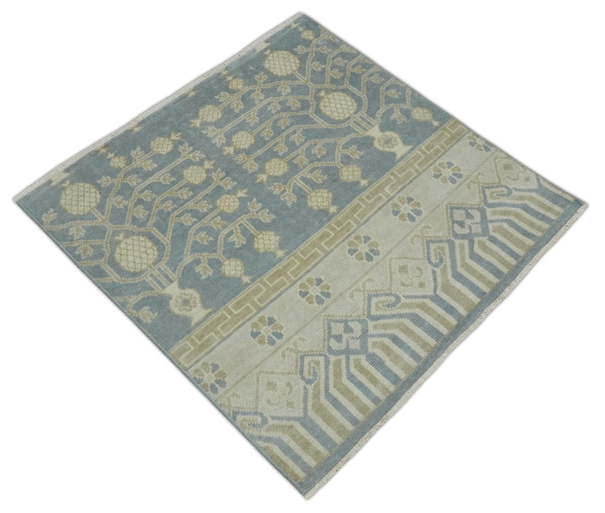 Hand Knotted 3x3 Gray, Ivory and Beige Traditional Low Pile Wool Rug, Bedside Rug | N35033