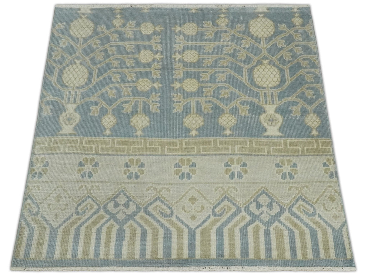 Hand Knotted 3x3 Gray, Ivory and Beige Traditional Low Pile Wool Rug, Bedside Rug | N35033