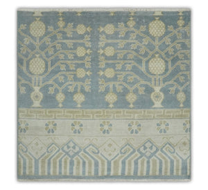 Hand Knotted 3x3 Gray, Ivory and Beige Traditional Low Pile Wool Rug, Bedside Rug | N35033