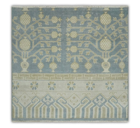 Hand Knotted 3x3 Gray, Ivory and Beige Traditional Low Pile Wool Rug, Bedside Rug | N35033