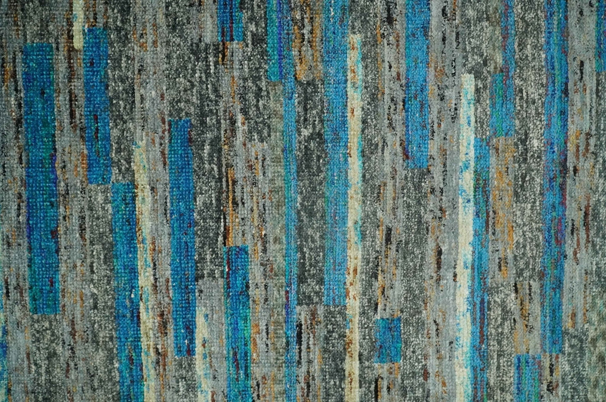 Hand Knotted 4.5x6.5 Gray, Ivory and Blue Modern Abstract Contemporary Recycled Silk Area Rug | OP67