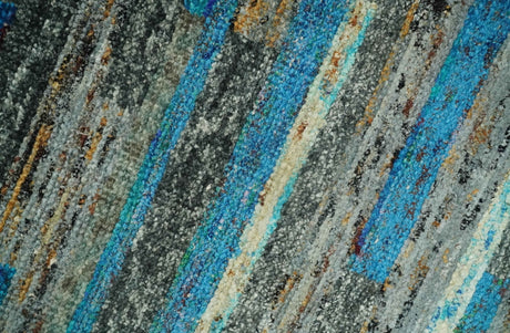 Hand Knotted 4.5x6.5 Gray, Ivory and Blue Modern Abstract Contemporary Recycled Silk Area Rug | OP67