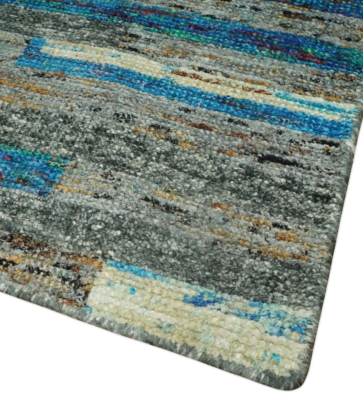 Hand Knotted 4.5x6.5 Gray, Ivory and Blue Modern Abstract Contemporary Recycled Silk Area Rug | OP67