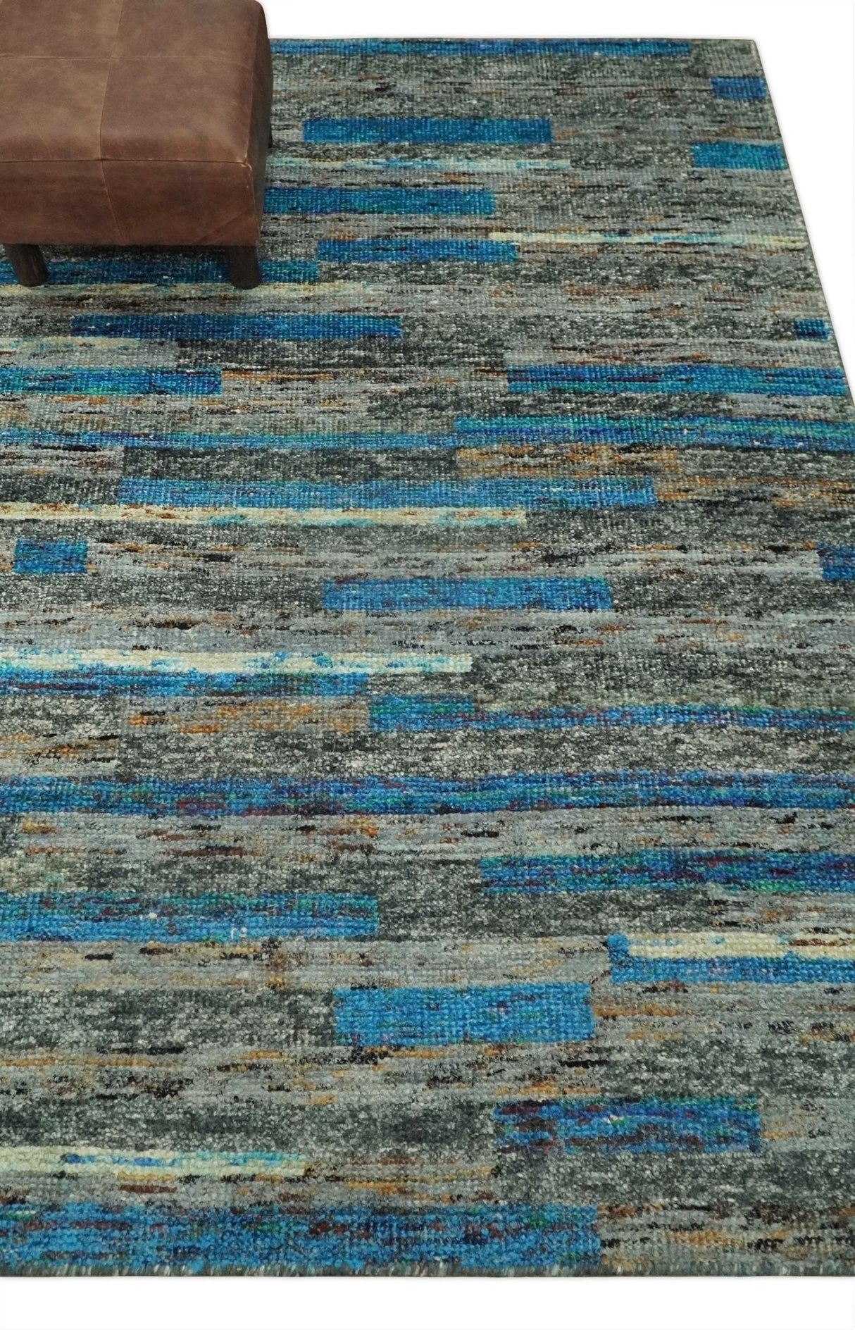 Hand Knotted 4.5x6.5 Gray, Ivory and Blue Modern Abstract Contemporary Recycled Silk Area Rug | OP67